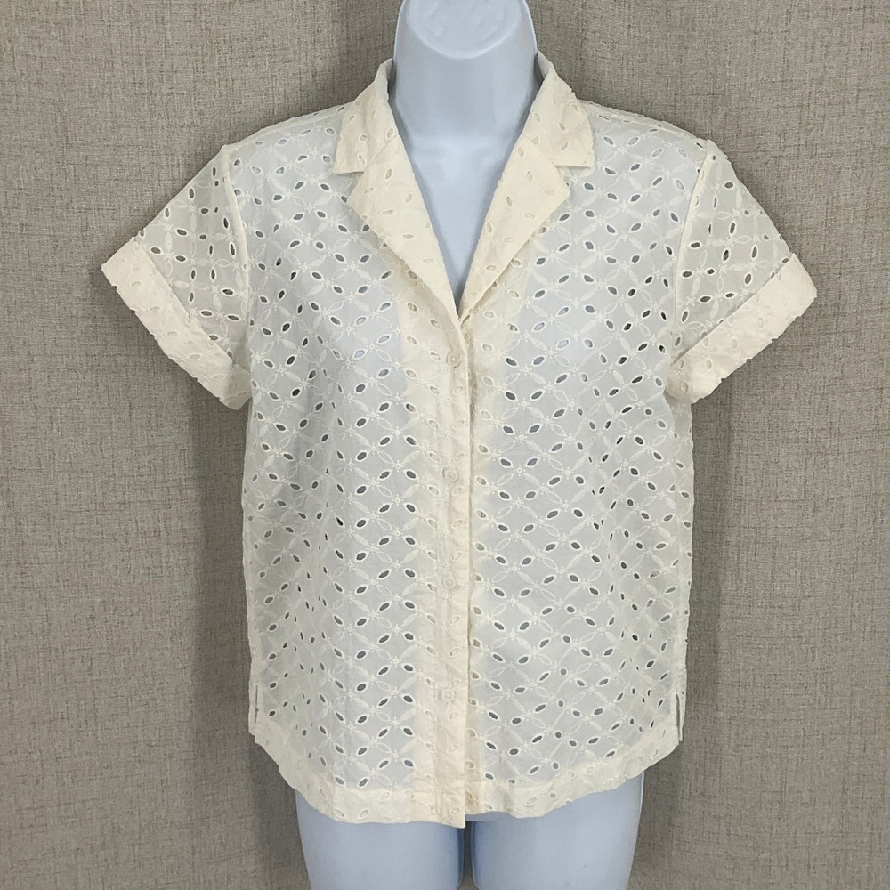 Banana Republic Button Down Shirt Women XXS Off-White‎ Cotton Eyelet Camp Collar